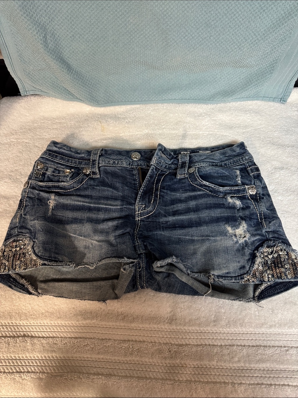 Miss Me Dark Blue Distressed Denim Shorts with Sequin Trim